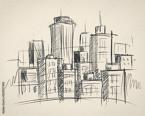 Sketch of City Skyline with Tall Buildings and Varying Heights on Textured Paper Keywords: city skyline, sketch, drawing, illustration, buildings, skyscrapers, architecture, urban, city, tall