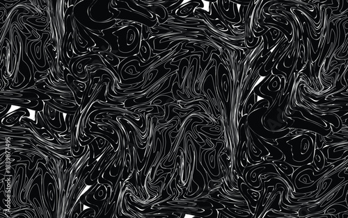 Abstract swirling black and white fluid dynamics simulation chaotic energy flow pattern scientific visualization for background or texture EPS vector