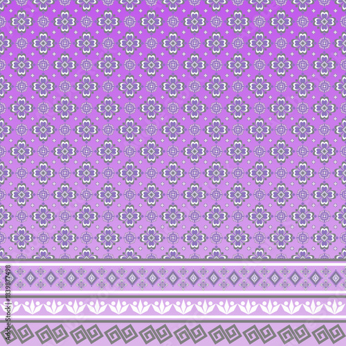 The background features layered shades of weightless purple, ranging from light to deep tones. Scattered across the entire surface are small and large floral motifs, creating a soft and decorative ove