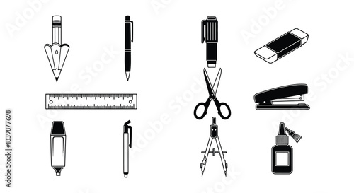 A collection of common office and school stationery items in black and white