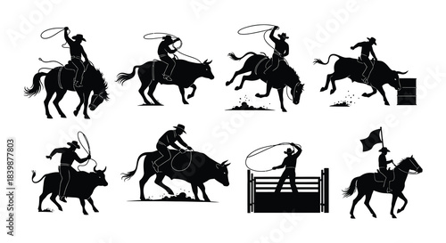 Silhouette collection depicting various rodeo events with cowboys and horses