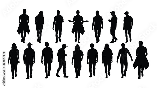 a collection of black silhouettes depicting diverse people in various walking poses and casual attire silhouette