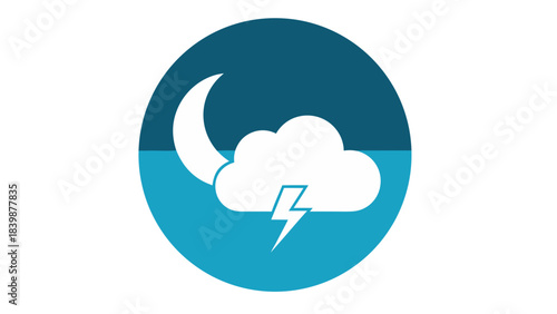 Simple illustration of a crescent moon and a cloud with lightning bolt symbolizing stormy weather at night in a circular frame
