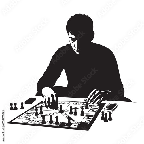 Silhouette man playing board game black white vector illustration focused tabletop fun leisure activity entertainment strategy competition