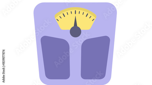 Simple Illustration of a Purple and Yellow Bathroom Scale with a Measuring Dial and Black Needle on a Black Background Representing Weight Measurement and Health Monitoring