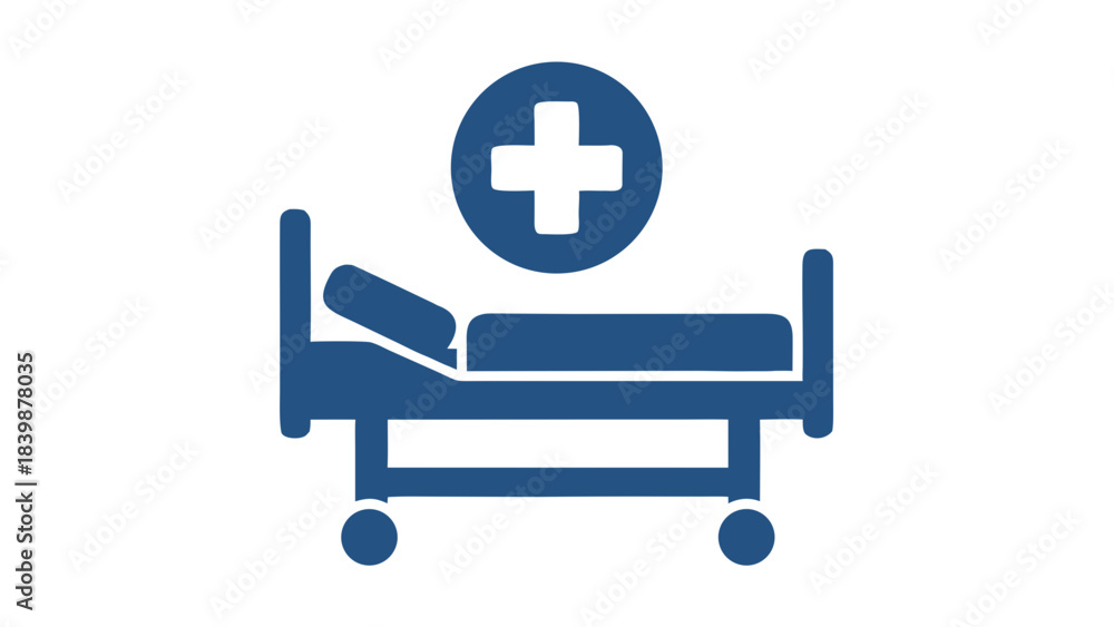 Fototapeta premium Simple Medical Bed Icon With A Cross Symbol In A Circle Above It In Deep Blue Color On A Black Background