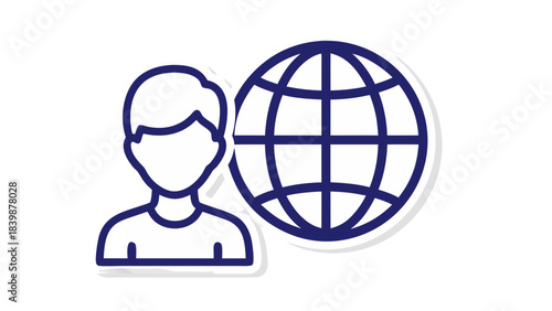 Simple Line Icon of a Person Standing Next to a Globe With Dark Blue Outline On White Background Represents Global Connection And Networking