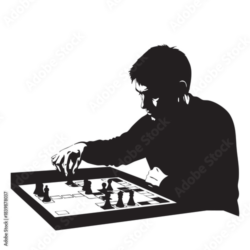 Silhouette man playing board game black white vector illustration focused tabletop fun leisure activity entertainment strategy competition