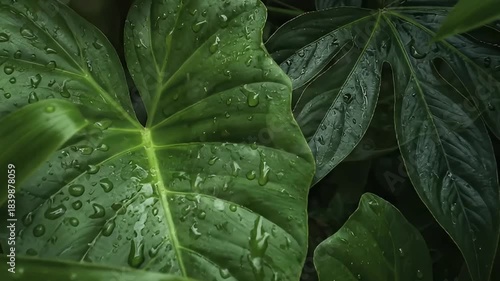 Wallpaper Mural A close-up shot reveals vibrant green tropical foliage adorned with glistening water droplets, creating a serene and refreshing natural backdrop. The intricate textures and rich veins of the leaves ar Torontodigital.ca