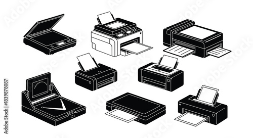 Various types of printers displayed in a monochrome illustrative style