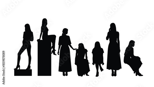 Illustration of collection of silhouettes of women in various poses and outfits