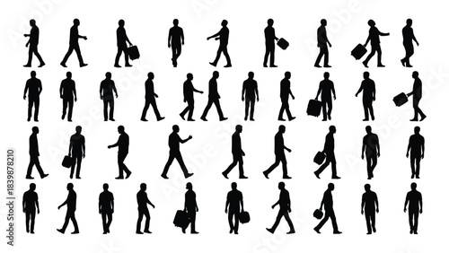 a diverse collection of human figures in various poses and actions presented as a striking silhouette