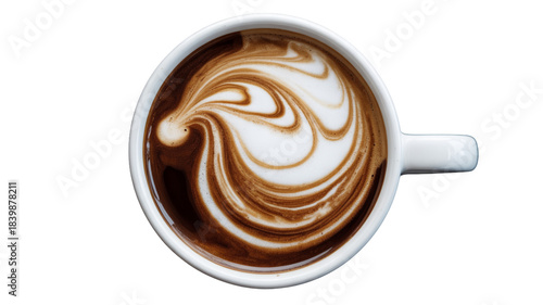 Overhead view of a delicious latte with foamy art isolated on transparent background