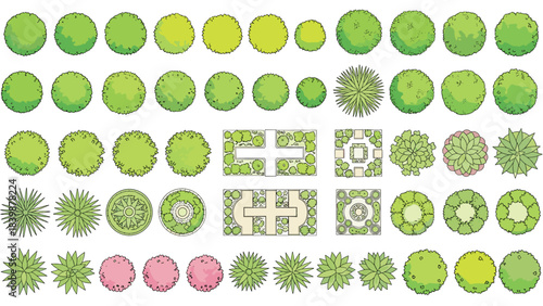 Illustration of top view tree and shrub symbols for landscape architecture plans