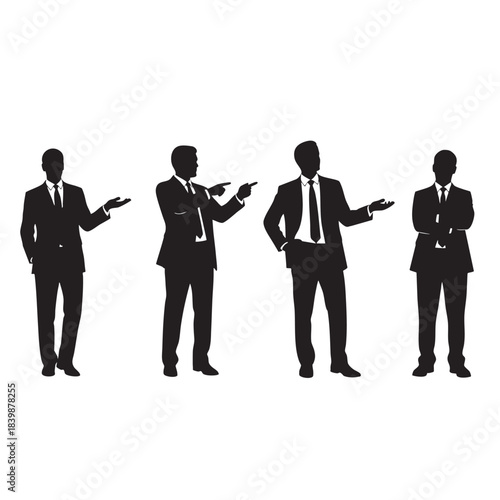 Vector silhouettes of musicians and a business team group standing for success