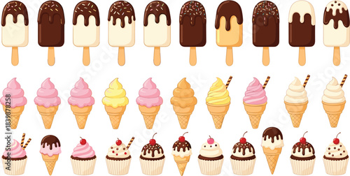 Ice Cream Cupcake Popsicle Sweet Dessert Flat Vector Set