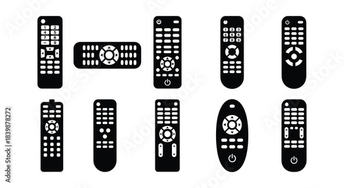 Collection of various black remote controls displayed in a grid arrangement