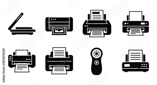 Various types of printers displayed in a monochrome illustrative style