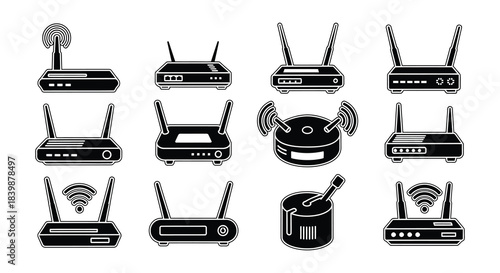 Collection of various wifi router and wireless signal icons in black and white