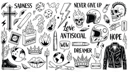 Illustration of collection of edgy, rebellious, and emotional doodle illustrations crosses, skulls, flames, text slogans, motorcycle helmets, crowns, and various symbols