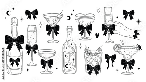 Illustration of collection of various cocktail and champagne glasses decorated with black bows, stars, and moons, line art illustration