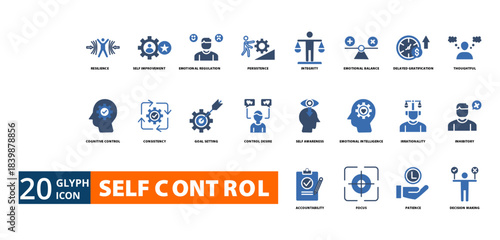 self control icon set with resilience, self improvement, emotional regulation, persistence, integrity, emotional balance, delayed gratification, thoughtful, cognitive control, consistency








