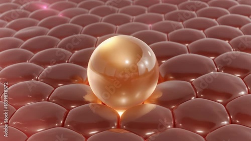 Close-up microscopic view of skin cells with a glowing golden sphere representing a treatment or serum penetrating the surface