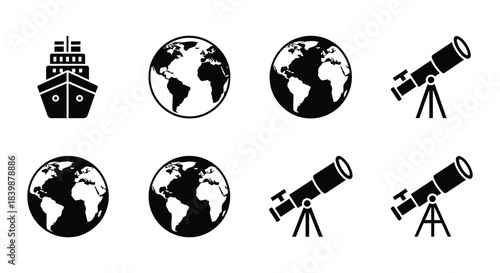 Black silhouettes of a ship globes and telescopes on a white background