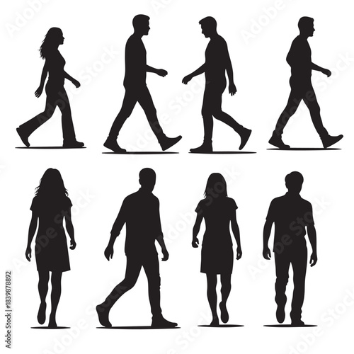 Vector silhouettes of a walking business team and group of fashion people