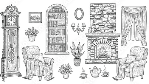 Illustration of collection of vintage and cozy interior elements grandfather clock, armchairs, stone fireplace, bookshelf, plants, and tea set