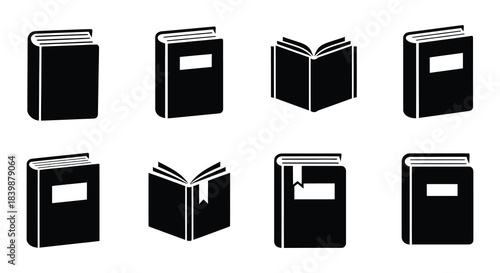 Collection of monochrome book icons representing literature knowledge and learning