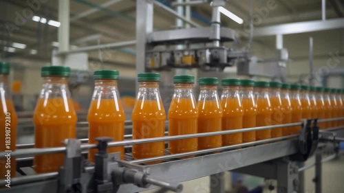 Modern Automated Production Line Bottling Fresh Orange Juice Beverages in a Food Processing Factory