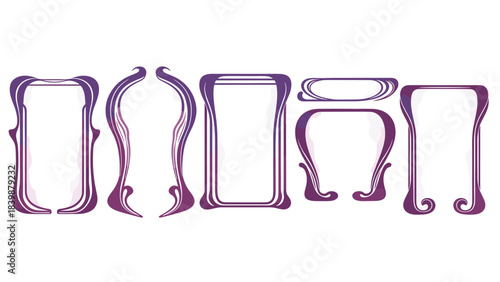 Illustration of set of six art nouveau style frames and borders in purple hues