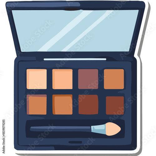 Open dark blue eyeshadow palette with eight neutral shades and an applicator brush inside on a light blue background with a white border sticker effect