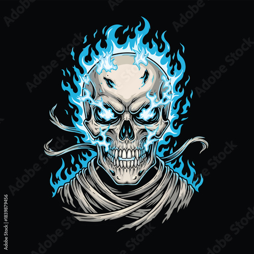 Blue Flame Skull Portrait with Hood and Glow.