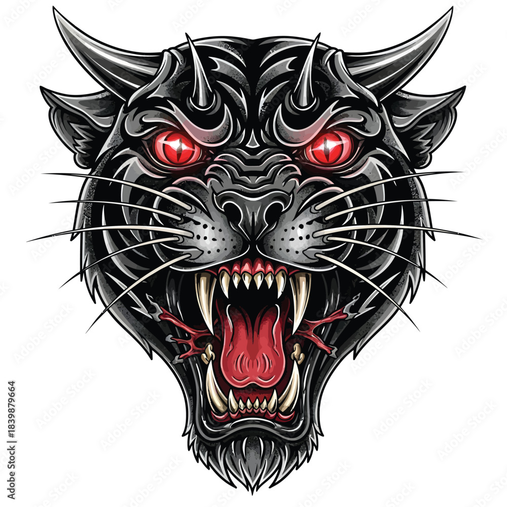 Obraz premium Powerful snarling black panther head illustration.