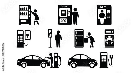 Public Service Icons Set Featuring Vending Machine, Ticket Booth, ATM, Parking Meter, EV Charging, and Laundry Symbol
