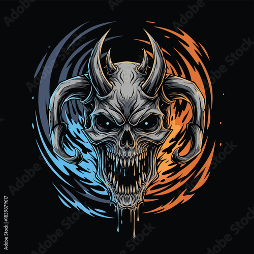 Horned Demon Skull with Fierce Expression Artwork.
