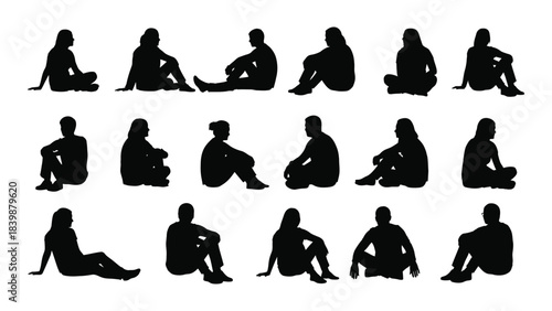 a collection of diverse human poses depicted as black shapes against a white background minimalistic silhouette