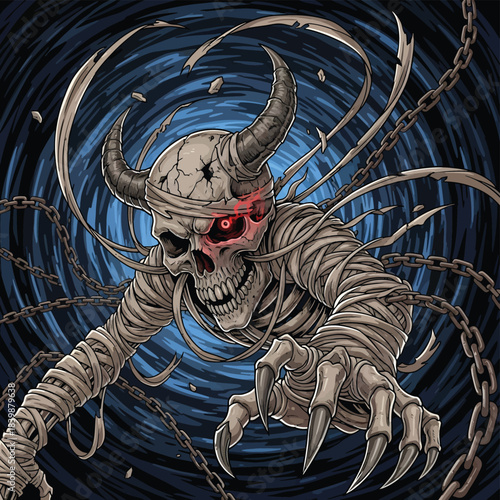 Menacing skeletal demon with horns reaching forward.