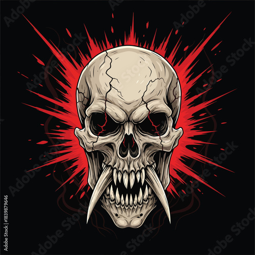 Menacing skull with elongated fangs illustration.