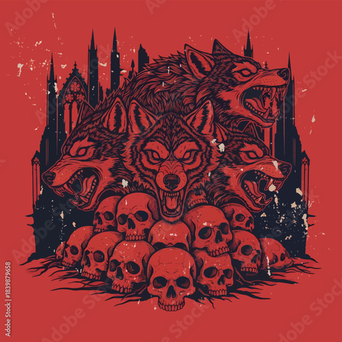 Multi Headed Demonic Beast Surrounded By Skulls.