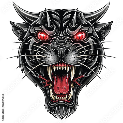 Powerful snarling black panther head illustration.