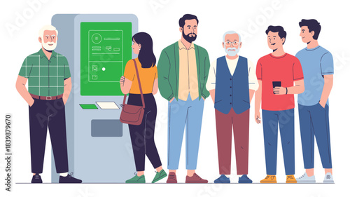 People Waiting in Line to Use Self-Service Machine – Queue of Diverse Adults at Digital Kiosk Illustration
