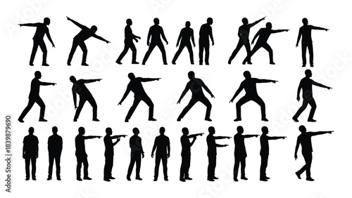 a collection of human figures depicted in various dynamic poses presented as a black silhouette