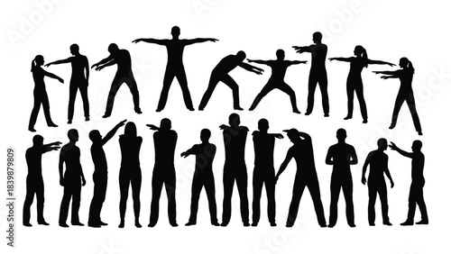 a group of people depicted in various active poses arms outstretched and bodies bent shown as a striking silhouette