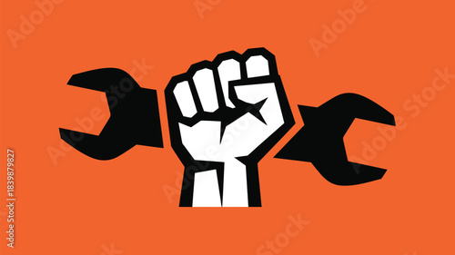 Fist Holding Wrenches Symbol – Labor, Workers’ Rights, Engineering, and Mechanic Tool Icon on Orange Background
