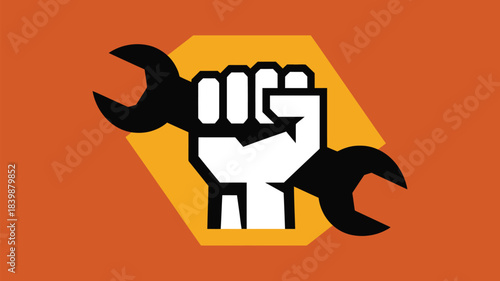 Fist Holding Wrenches Symbol – Labor, Workers’ Rights, Engineering, and Mechanic Tool Icon on Orange Background
