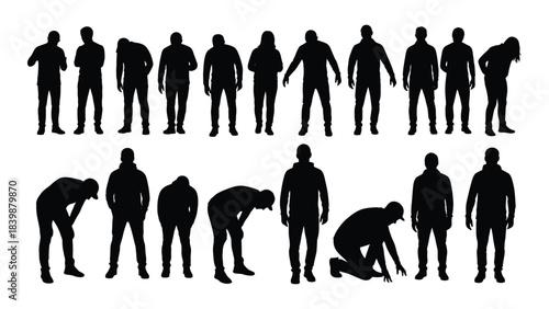 a collection of dynamic human figures shown in various poses and actions presented as a striking silhouette