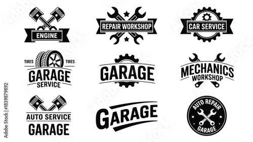 Vintage Garage and Mechanic Workshop Badge Logos Set – Retro Auto Repair, Engine, and Car Service Emblems

